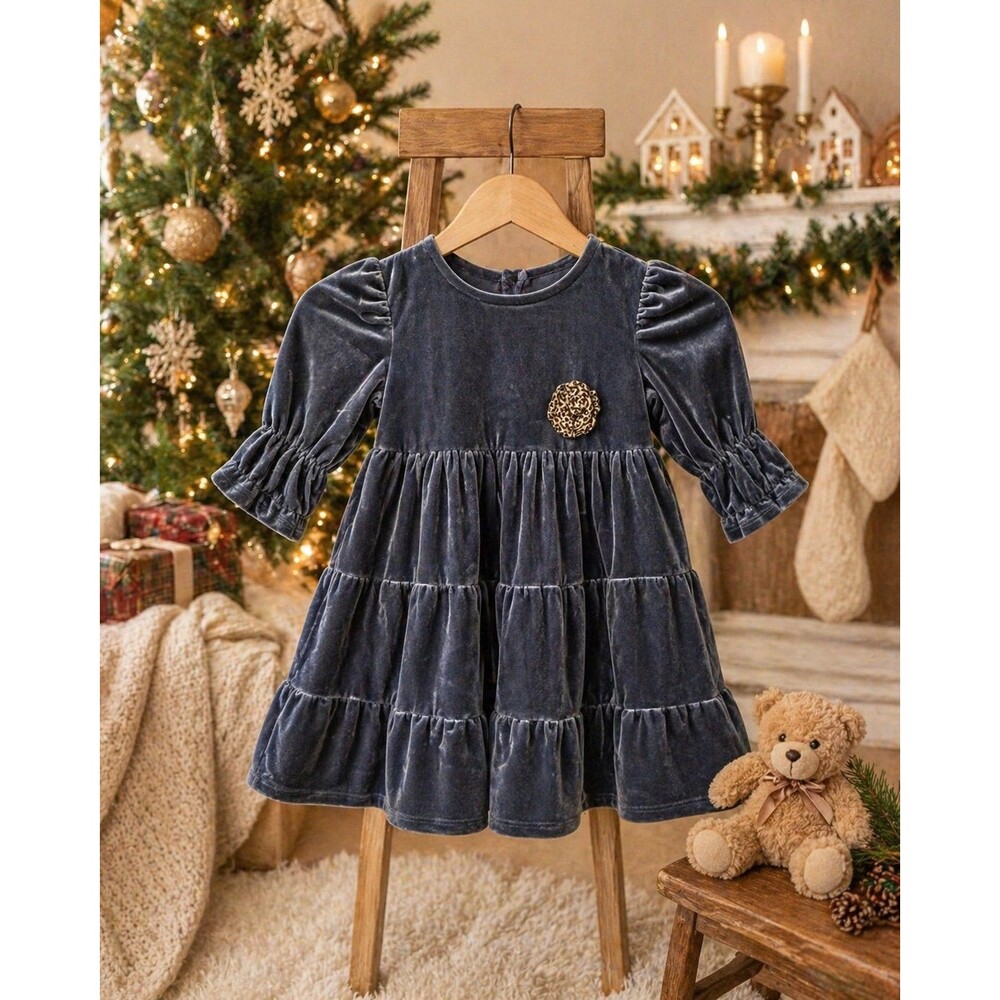 Bonnie Jean Girls Velvet Dress Size 5 Blue Puff Sleeve Tiered Holiday Dress